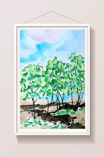 蓝色小树苗夏日手绘背景素材风景清新水彩图片