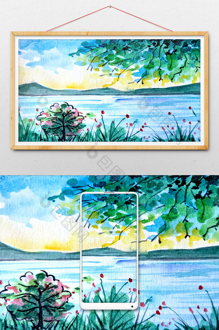 大湖泊蓝色夏日手绘背景素材风景清新水彩