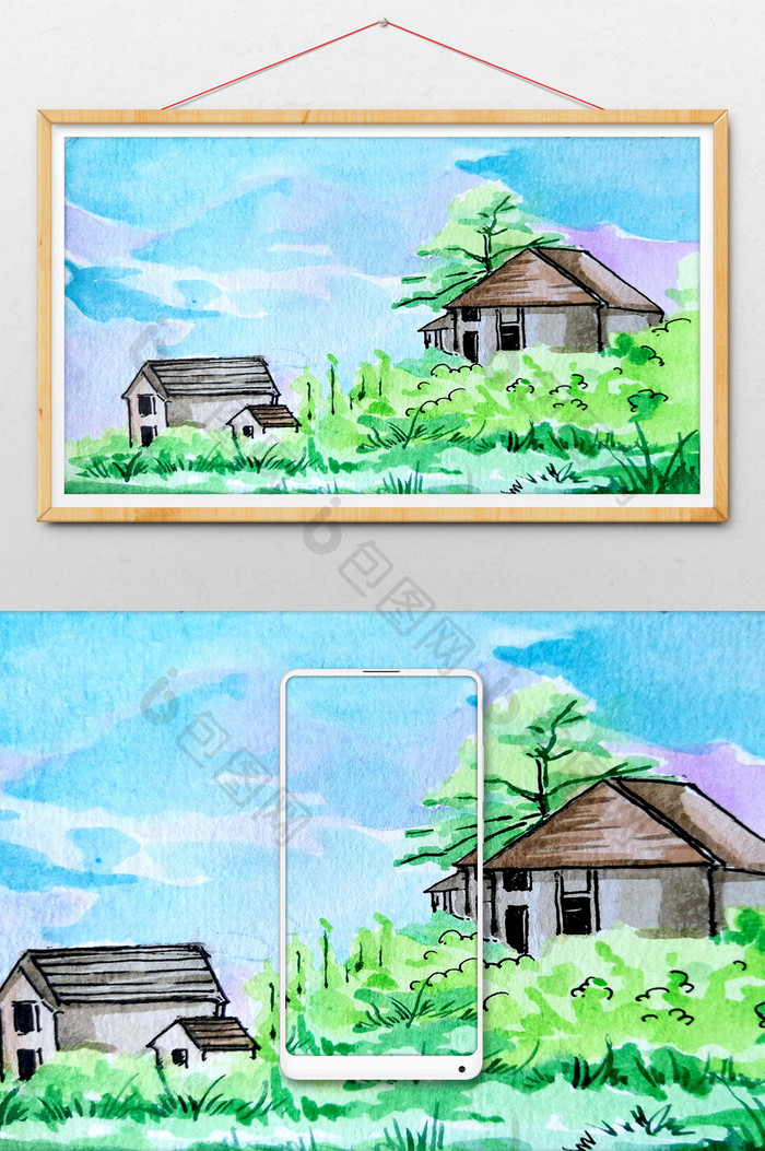 蓝色夏日手绘背景素材别墅风景清新水彩