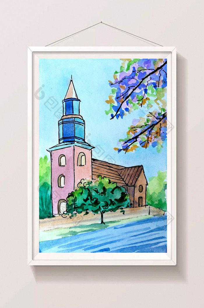 蓝色欧式夏日手绘背景素材风景清新水彩