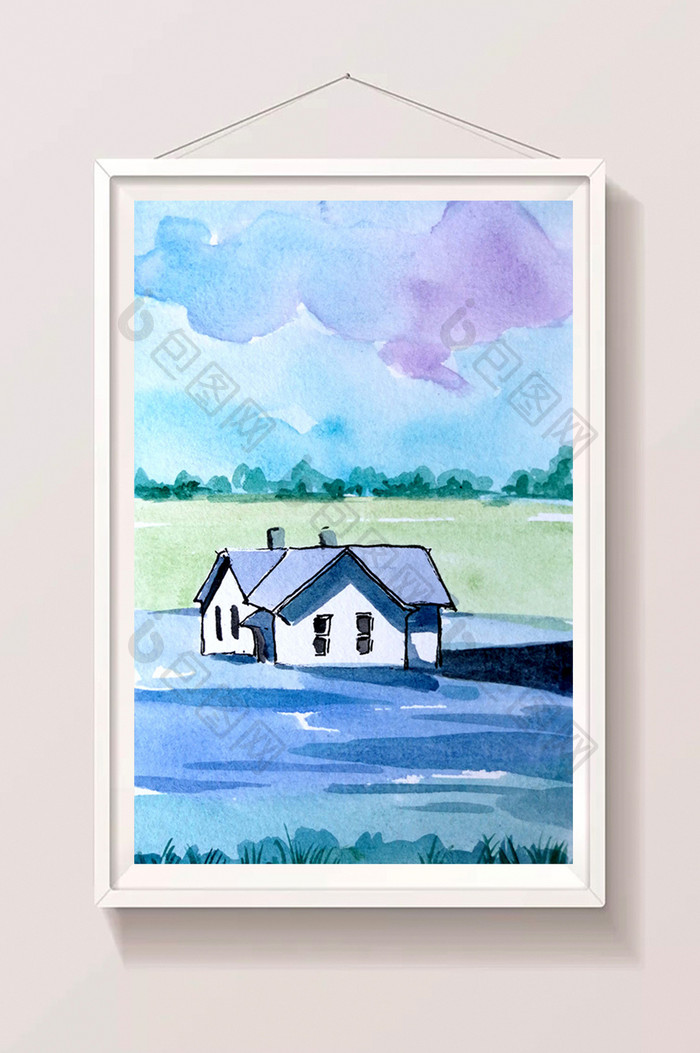 蓝色夏日手绘房屋背景素材风景清新水彩