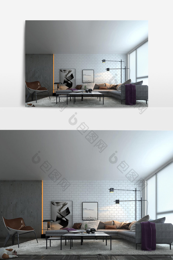 简约现代灰色布艺沙发客厅组合模型