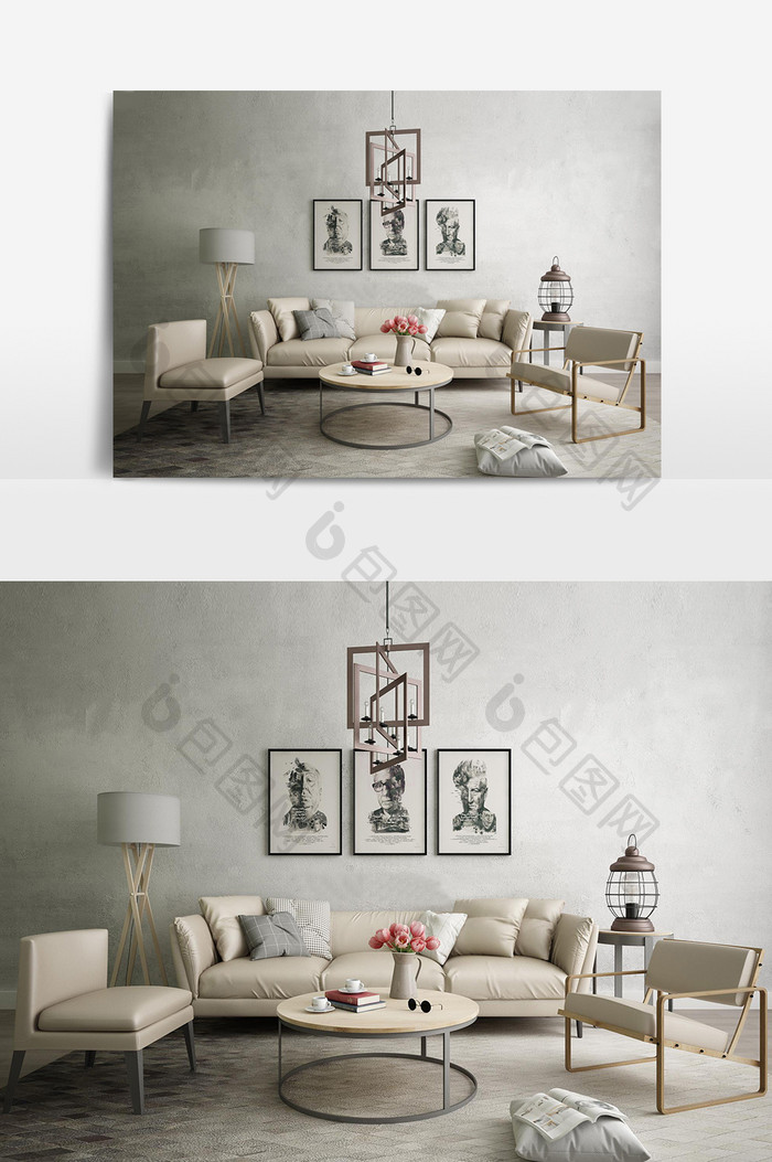 现代白色沙发组合模型客厅模型