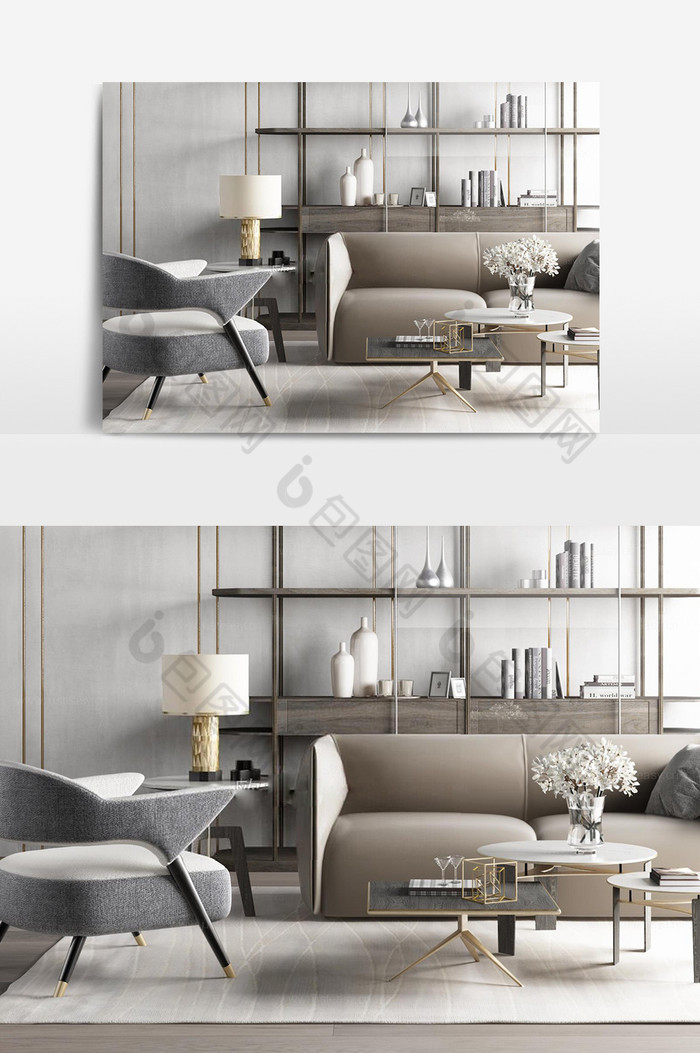 现代棕灰色布艺沙发组合模型图片图片