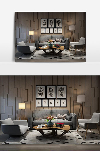 现代棕灰色暖光布艺沙发组合模型图片