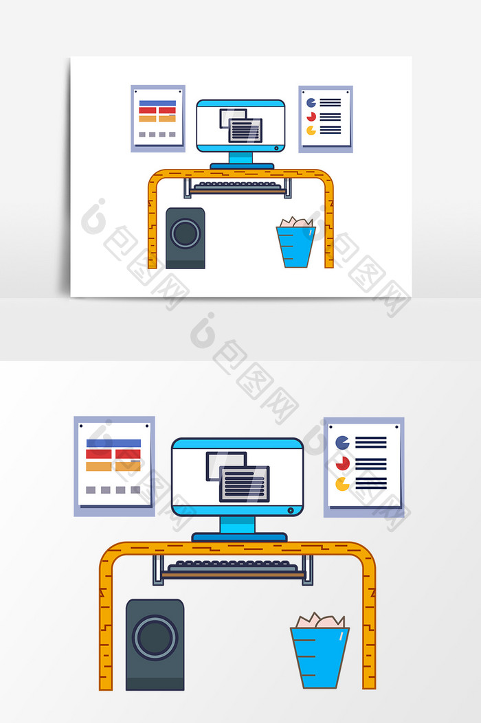 手绘卡通扁平电脑办公桌垃圾桶元素