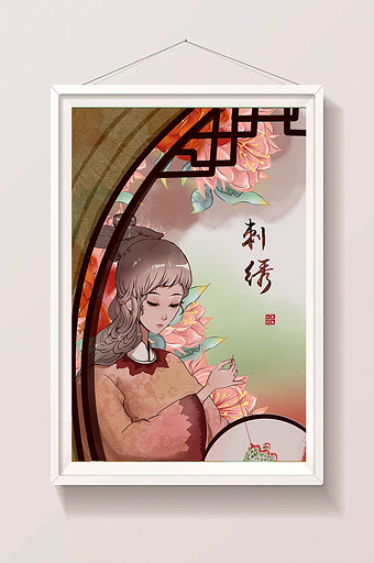 红色中国传统文化刺绣仕女图片
