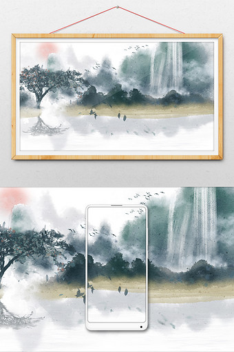 中国风水墨山水瀑布飞鸟插画图片