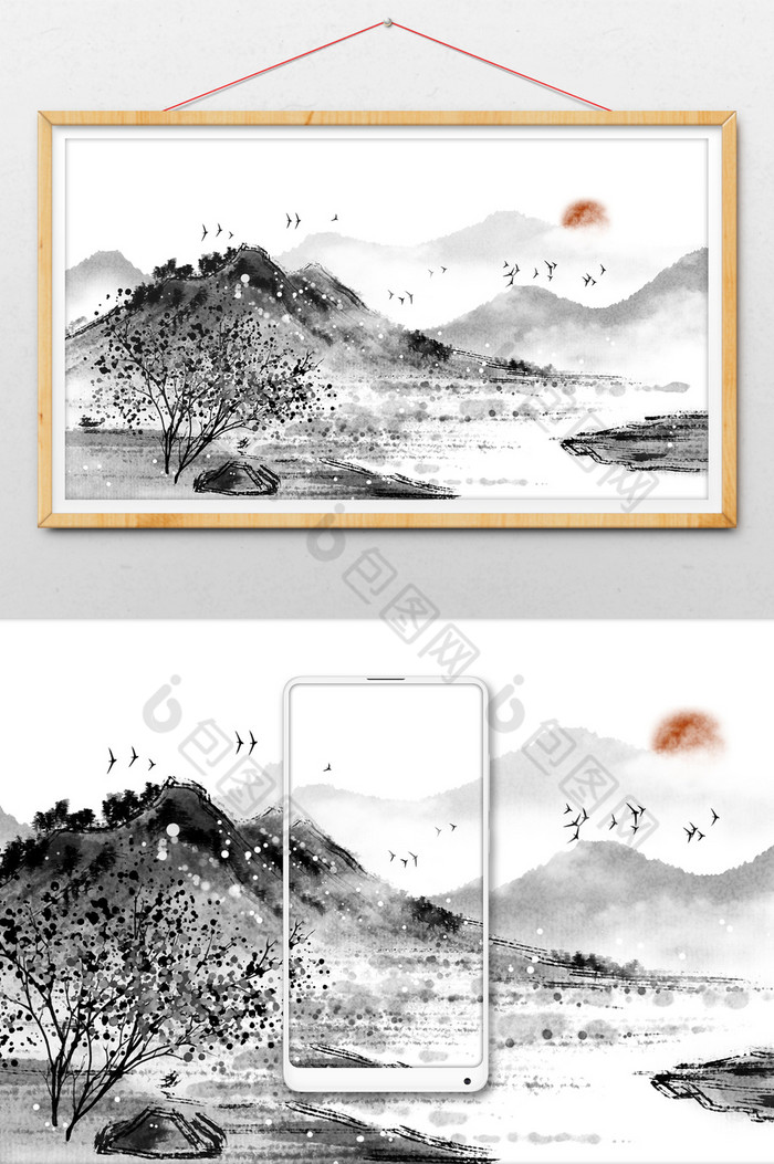 黑白素雅水墨山水插画图片图片