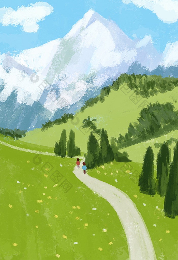 唯美清新雪山下的森林公园手绘插画背景