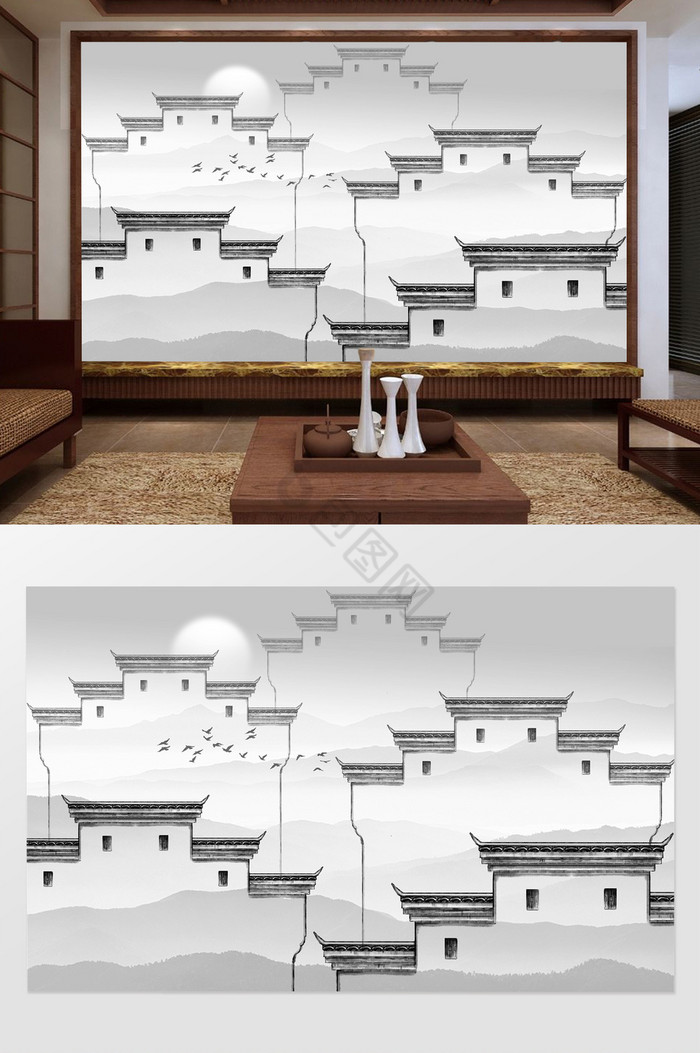 新中式水墨江南徽派建筑背景装饰画图片