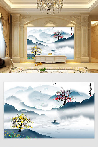 新中式水墨山水画背景装饰画壁画.图片