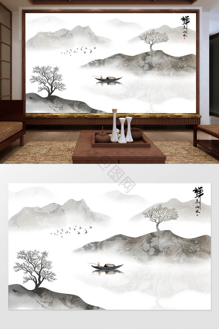 中式意境水墨山水画背景墙壁画图片