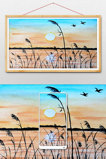 湿地蓝色夏日手绘背景素材风景清新水彩图片