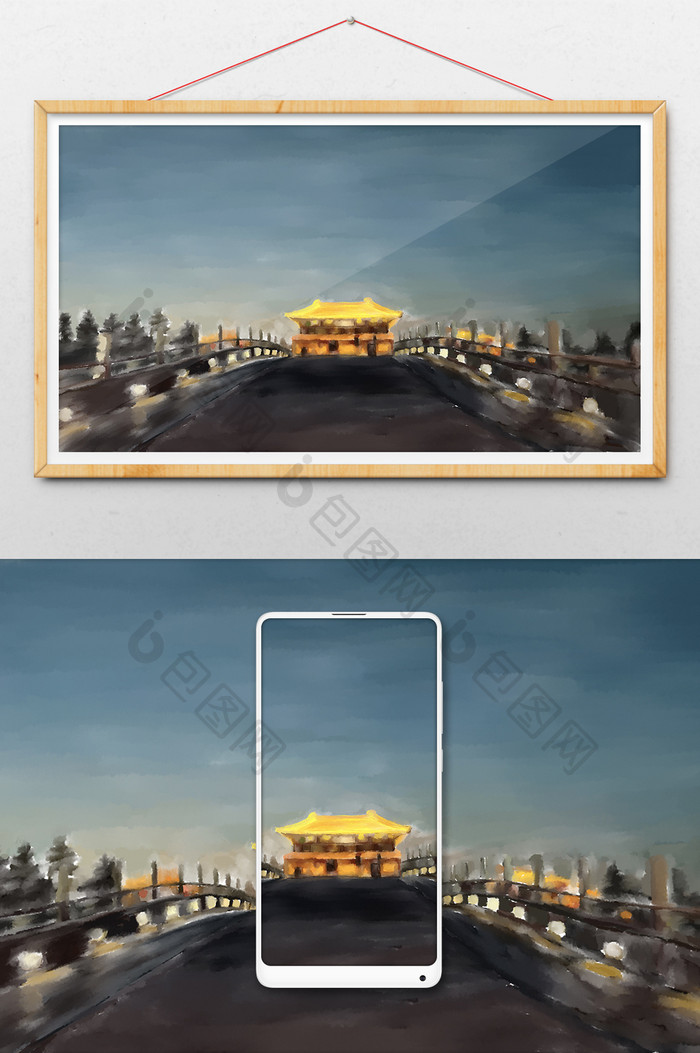 中国建筑桥梁插画背景