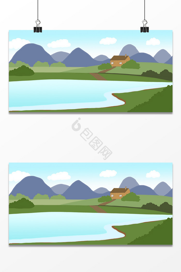 山脉河流插画图片
