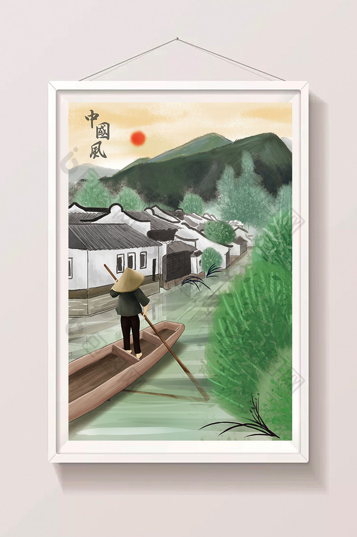 清新唯美中国风山水渔船插画