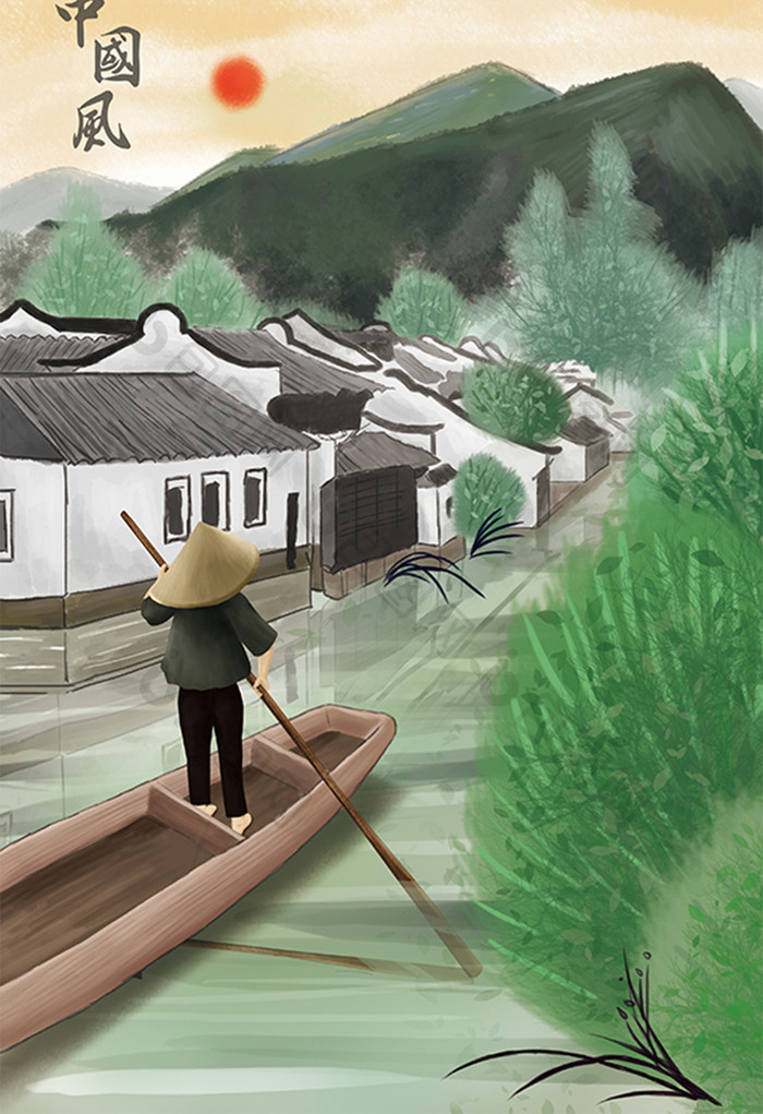 清新唯美中国风山水渔船插画
