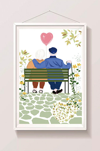 清新老年夫妻在长椅上依偎的背影七夕节插画图片