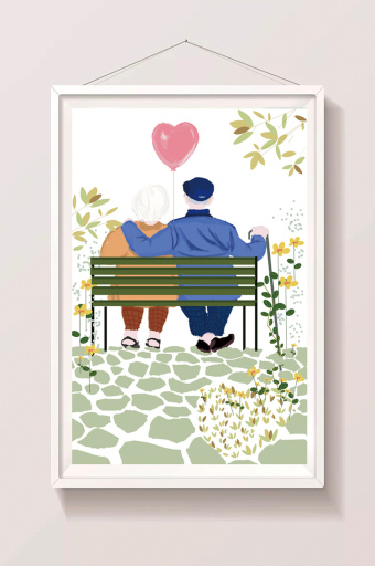 清新老年夫妻在长椅上依偎的背影七夕节插画图片下载
