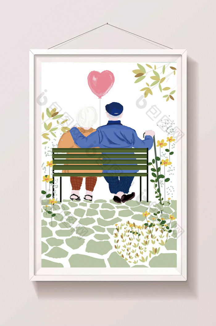 清新老年夫妻在长椅上依偎的背影七夕节插画