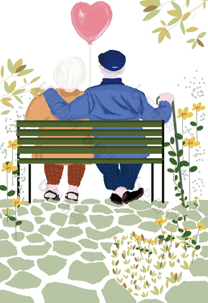 老年夫妻在长椅上依偎的背影七夕节插画