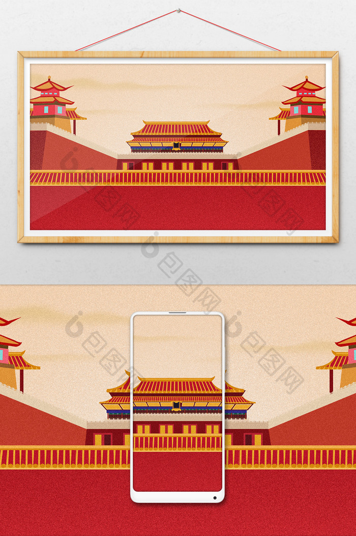 中国风建筑门头故宫插画背景