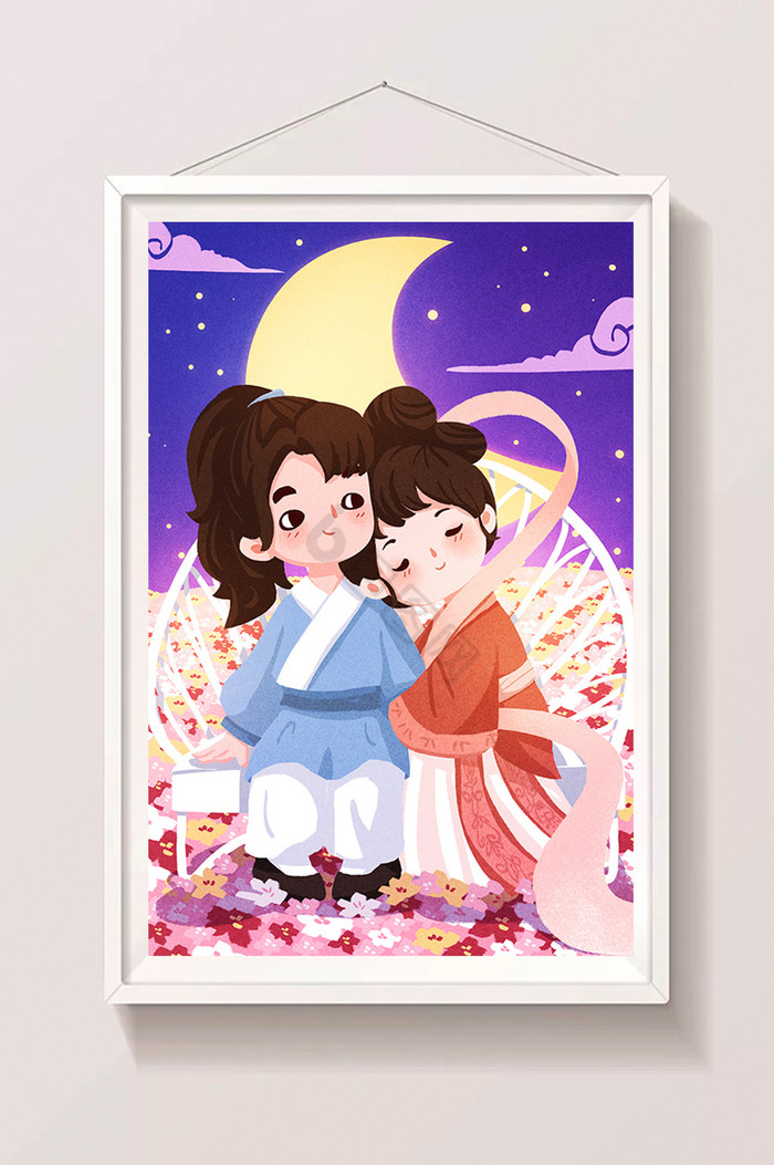浪漫温馨花海情侣七夕节牛郎织女插画