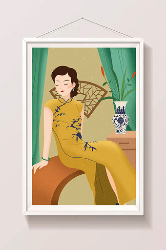 复古中国传统文化东方旗袍上海女子插画海报图片