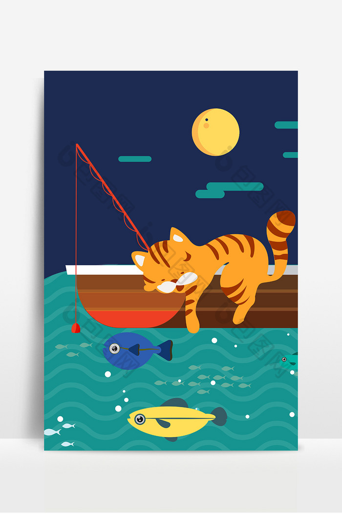 扁平卡通狮子钓鱼动物海报背景