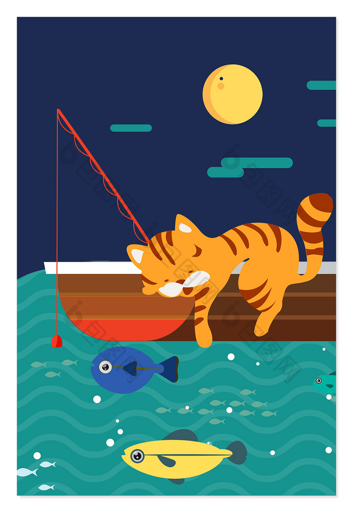 扁平卡通狮子钓鱼动物海报背景