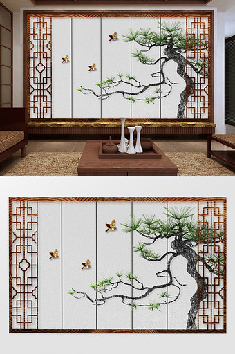 中式古典镂空浮雕古松背景墙图片