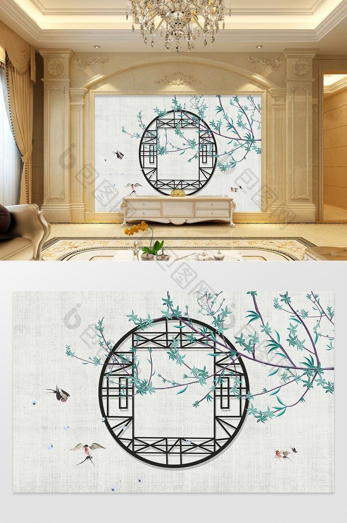 新中式古典漏窗花枝框景背景墙