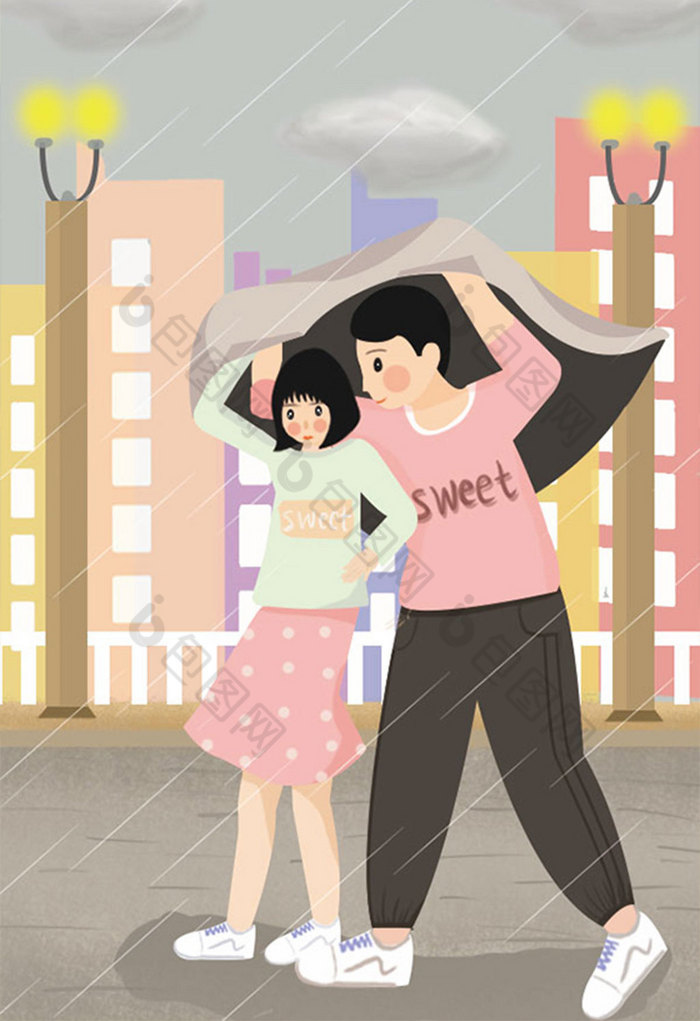 七夕情人雨中奔跑插画图片