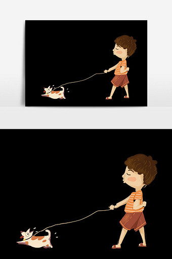 男子遛遛狗插画元素设计图片