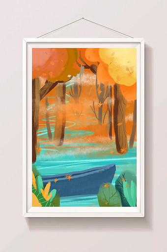 清凉唯美立秋河中划船卡通手绘背景插画图片