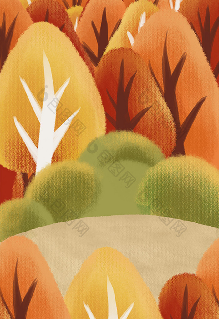 秋天卡通手绘树林草丛