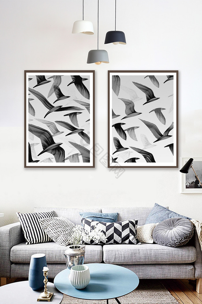 唯美大气手绘飞鸟黑白二联装饰画图片