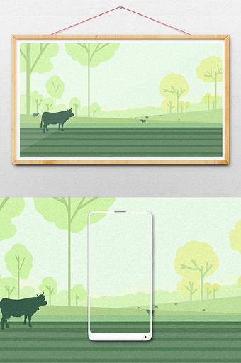 扁平绿色清新草地牛羊平面插画背景图片