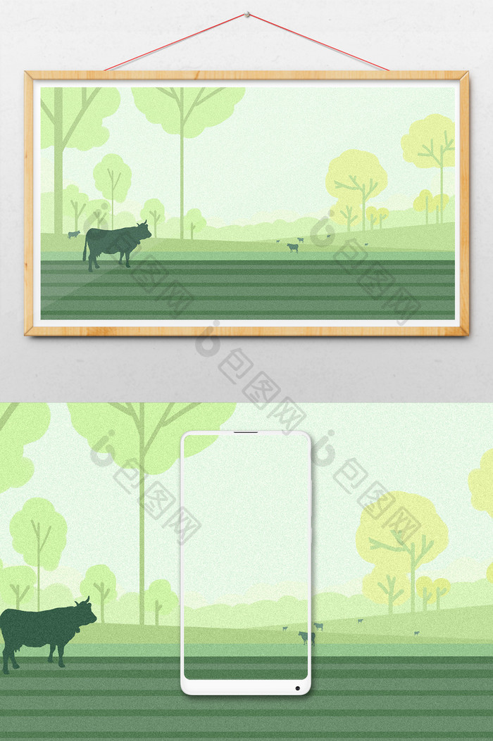 扁平绿色清新草地牛羊平面插画背景