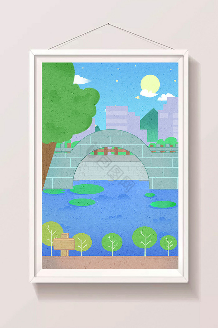 湖上小桥插画图片