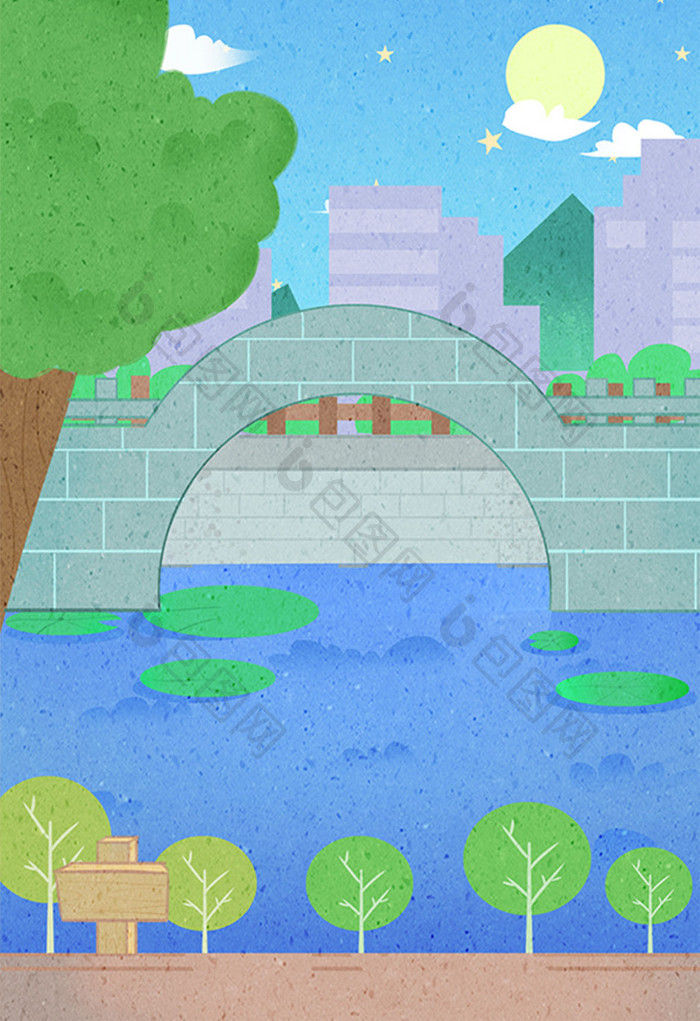 卡通漫画湖上小桥插画背景