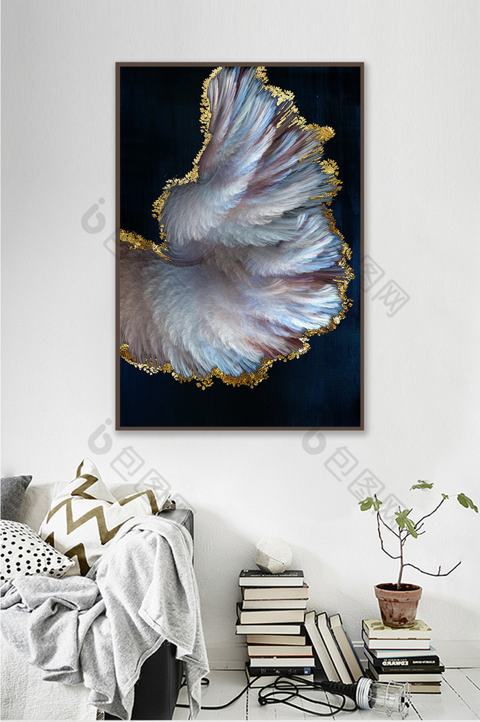 抽象深色北欧抽象彩色羽毛金箔素材装饰画