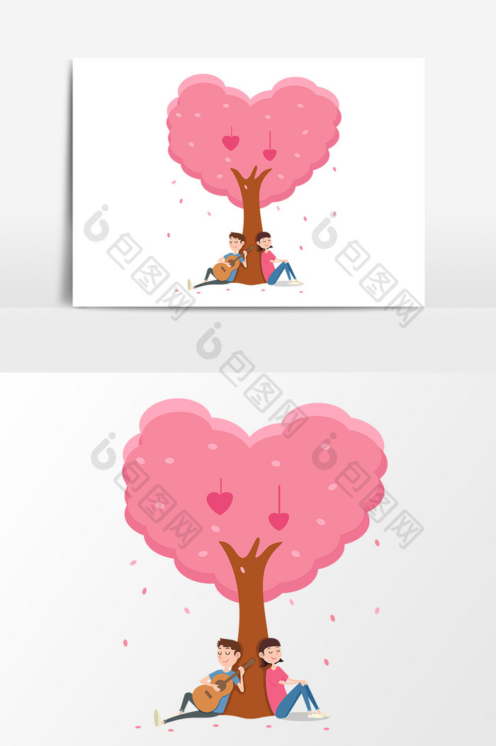 七夕情人节树下的情侣卡通手绘矢量元素