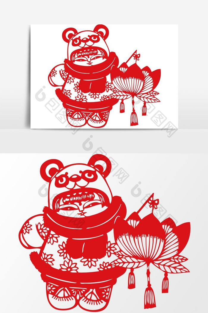 简洁中国传统红色剪纸窗花小女灯笼矢量元素