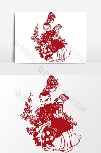 简洁中国传统红色剪纸窗花仕女图矢量元素图片