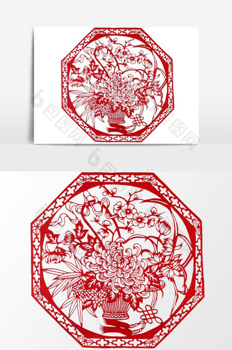 简洁中国传统红色剪纸窗花花卉植物矢量元素图片