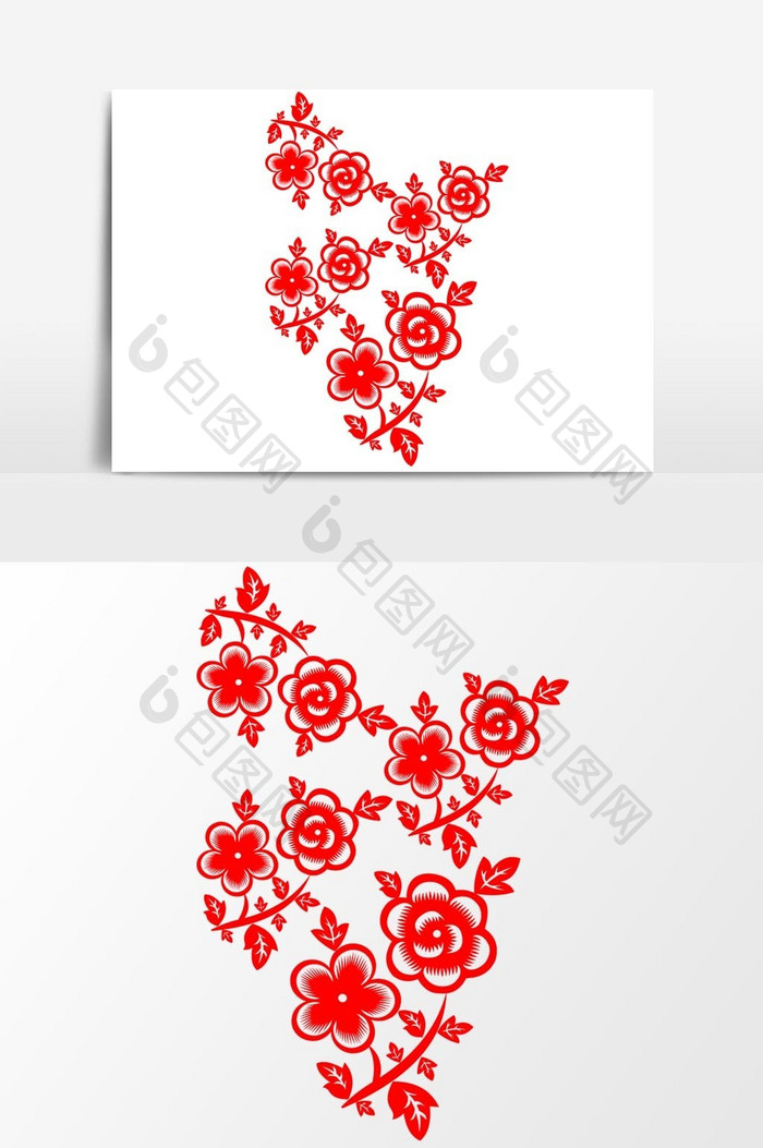 简洁中国传统红色剪纸窗花花朵碎花矢量元素