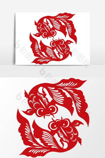 简洁中国传统红色剪纸窗花双鱼矢量元素图片