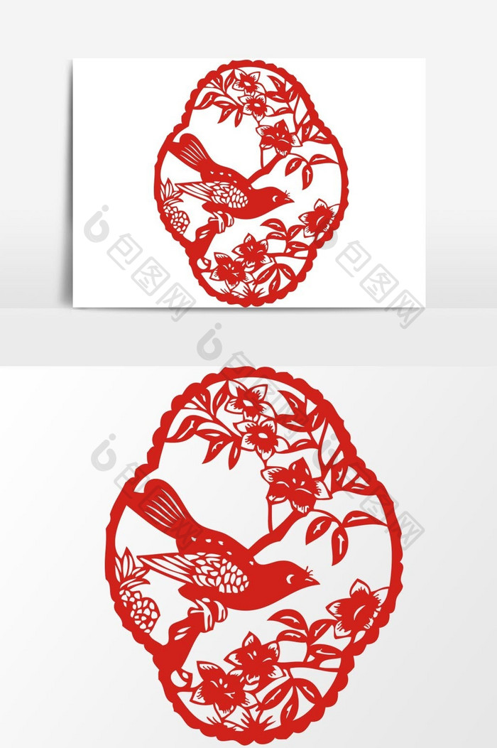 简洁中国传统红色剪纸窗花喜鹊矢量元素